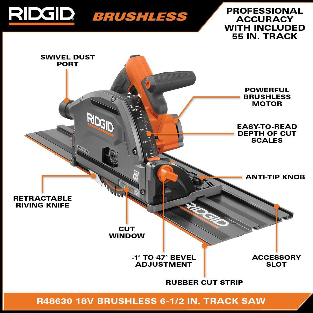 RIDGID 18V (2) 4.0 Ah Batteries and Charger Kit with 18V Brushless Cordless 6-1/2 in. Track Saw AC93044SBN-R48630B