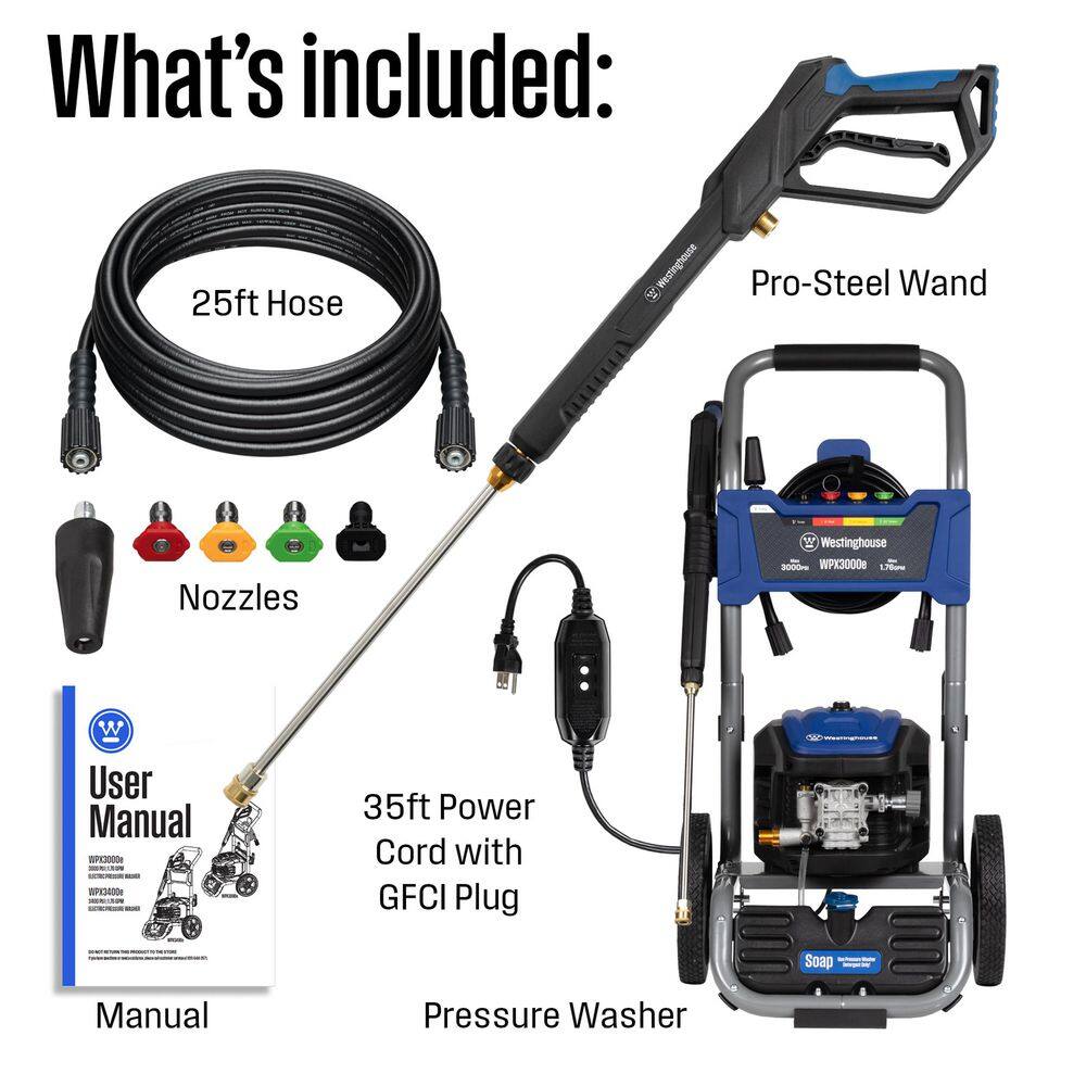 Westinghouse 3000 PSI 1.76 GPM 13 Amp Cold Water Electric Powered Pressure Washer with Turbo Nozzle and 5-Quick Connect Tips WPX3000e