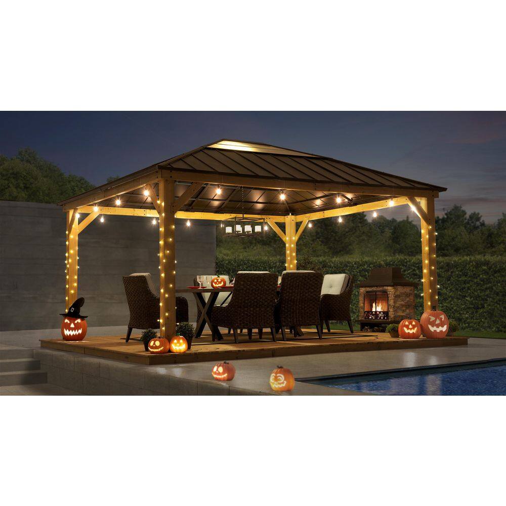 Sunjoy Macie Outdoor Patio 13 ft. x 15 ft. Brown Wooden Frame Backyard Hardtop Gazebo with Ceiling Hook A102007602