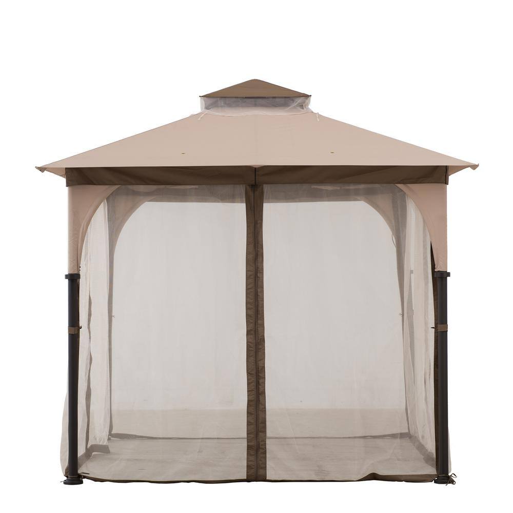 Sunjoy 9.5 ft. x 9.5 ft. 2-Tier Soft Top Gazebo Steel Outdoor Garden Gazebo with Ceiling Hook and Netting, Tan and Brown A101011100