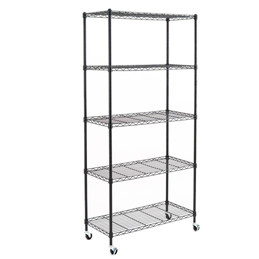 EFINE Black 5-Tier Rolling Carbon Steel Wire Garage Storage Shelving Unit with Casters (30 in. W x 63 in. H x 14 in. D) RL200-5W