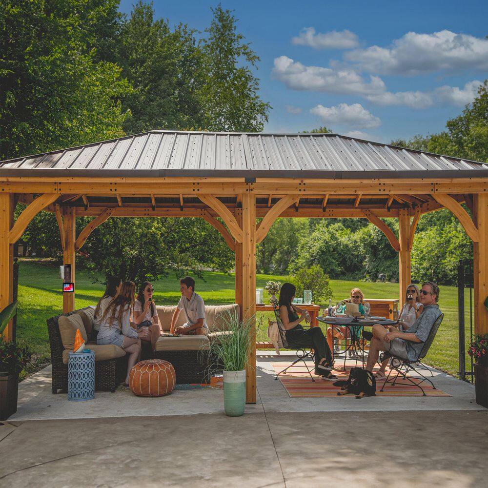 Backyard Discovery Barrington 20 ft. x 12 ft. All Cedar Wood Carport Pavilion Gazebo with Hard Top Steel Metal Hip Roof and Electric, Brown 2306172COM