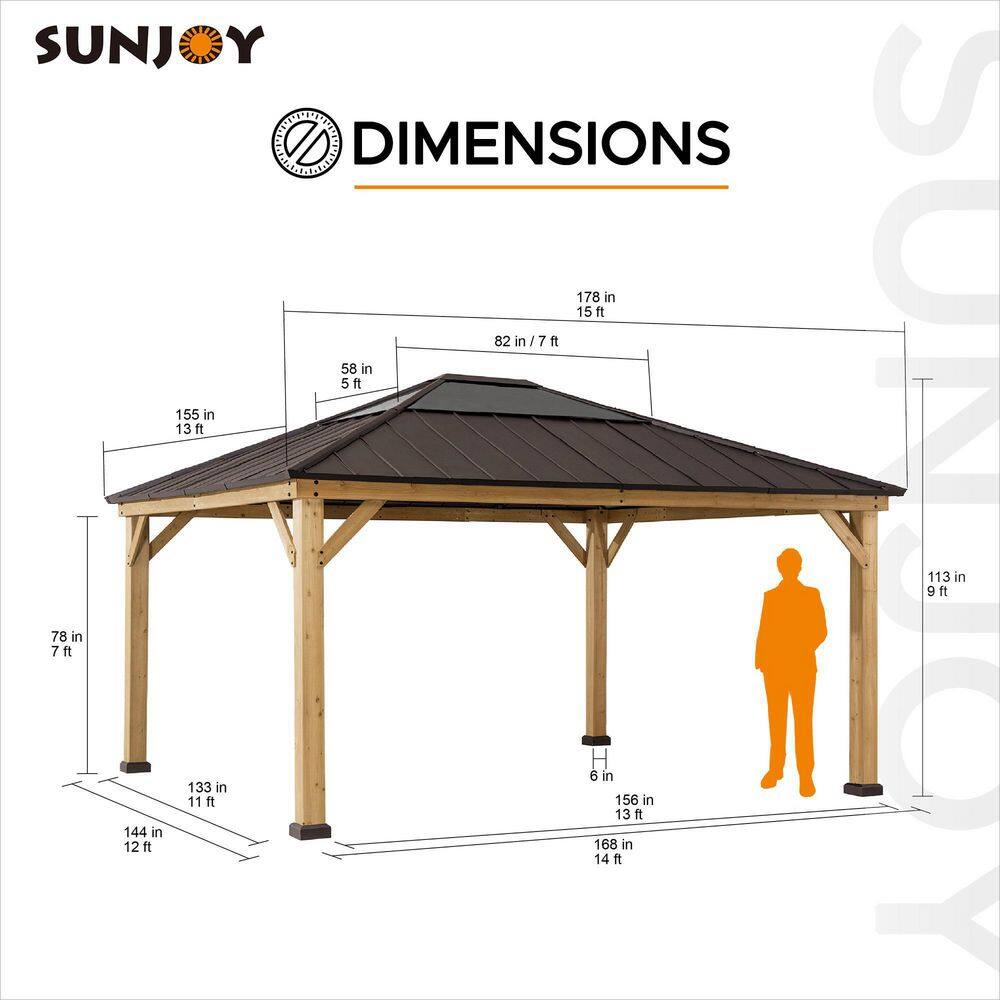 Sunjoy Macie Outdoor Patio 13 ft. x 15 ft. Brown Wooden Frame Backyard Hardtop Gazebo with Ceiling Hook A102007602