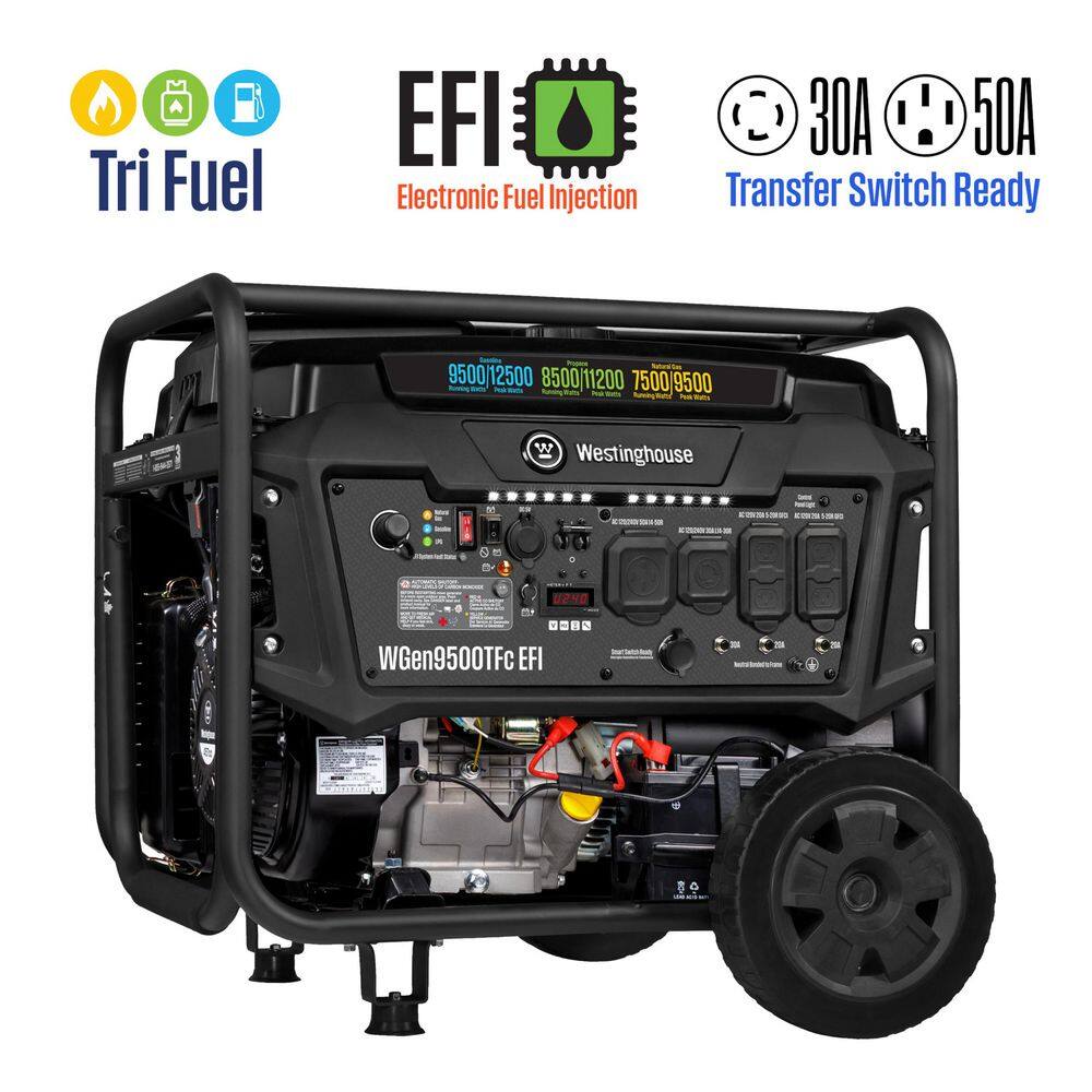 Westinghouse 12,500/9,500-Watt Tri-Fuel Gas, Propane, Natural Gas Powered EFI Portable Generator, Remote Electric Start, 50A Outlet WGen9500TFc EFI