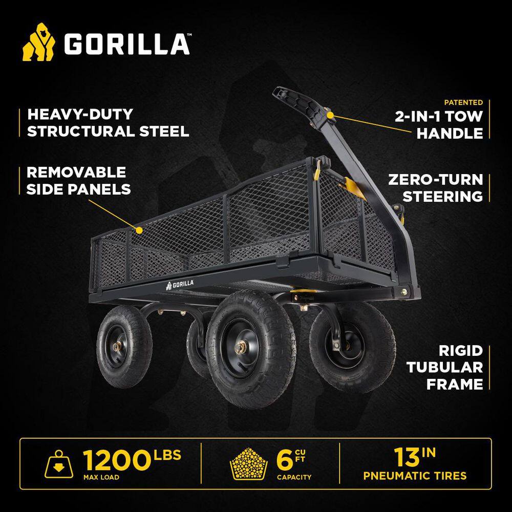 GORILLA CARTS 1,200 lb. Heavy-Duty Steel Utility Garden Cart, 6 cu. ft. Capacity, 13 in. Pneumatic Wheels, 2-in-1 Pull or Tow Handle GCG-1200