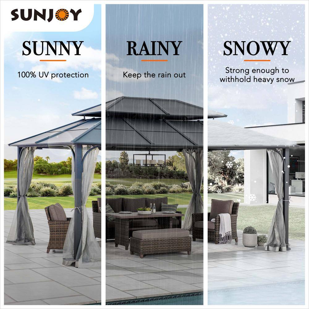 Sunjoy 12 ft. x 16 ft. Black Steel Gazebo with 2-tier Hip Roof Hardtop and Ceiling Hook and Removable Netting Sidewalls A102009141