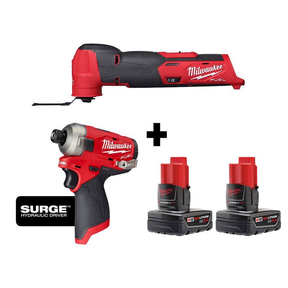 Milwaukee M12 FUEL 12V Lithium-Ion Cordless Oscillating Multi-Tool and Impact Driver with Two 3.0 Ah Batteries 2526-20-2551-20-48-11-2412