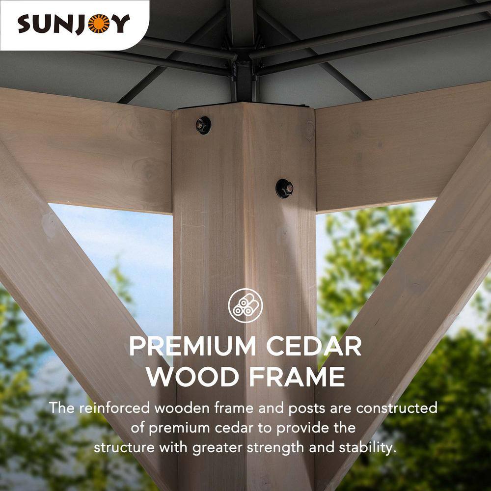 Sunjoy 13 ft. x 15 ft. Outdoor Patio Cedar Framed Wood Gazebo with Dark Brown Steel and Polycarbonate Hip Roof and Ceiling Hook A102007650
