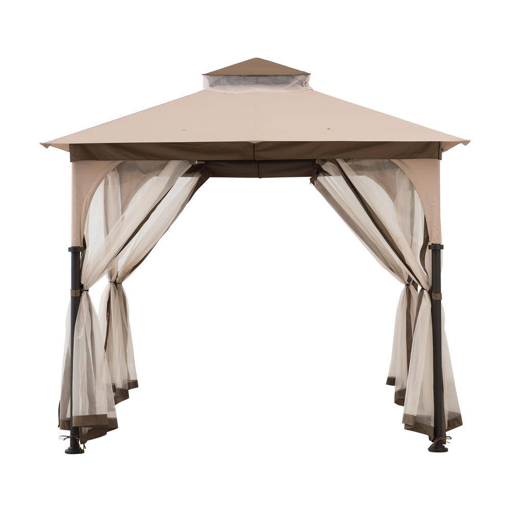 Sunjoy 9.5 ft. x 9.5 ft. 2-Tier Soft Top Gazebo Steel Outdoor Garden Gazebo with Ceiling Hook and Netting, Tan and Brown A101011100