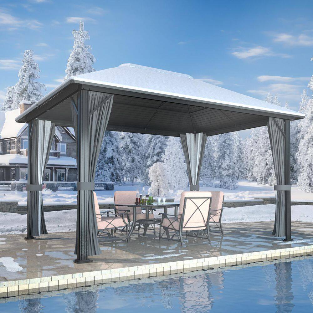 VEIKOUS 12 ft. W x 10 ft. L x 8.7 ft. H Aluminum Hardtop Gazebo with Grey Curtains and Netting PG0201-20-1