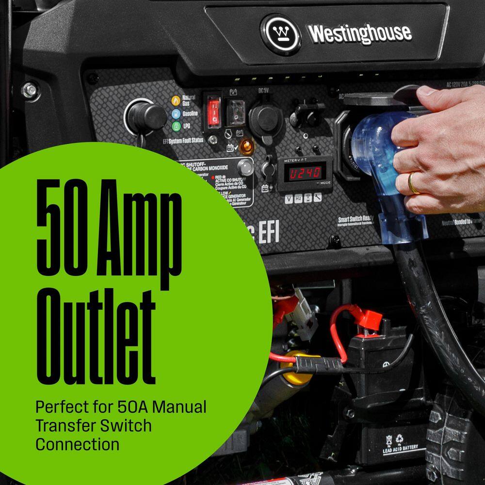 Westinghouse 12,500/9,500-Watt Tri-Fuel Gas, Propane, Natural Gas Powered EFI Portable Generator, Remote Electric Start, 50A Outlet WGen9500TFc EFI