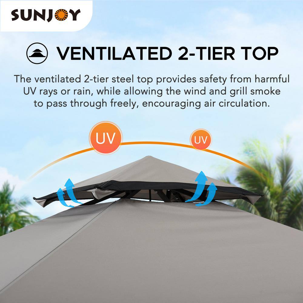 Sunjoy 5 ft. x 8 ft. 2-Tier Soft Top Gazebo Black Steel Grill Gazebo with Ceiling Hook and Shelves, Gray and Black Canopy A103002201