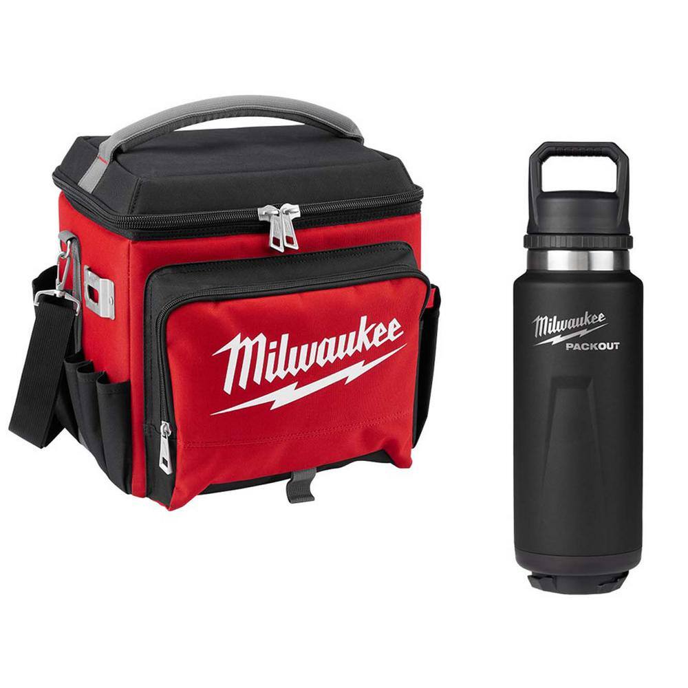 Milwaukee 22 Qt. Soft Sided Jobsite Lunch Cooler with PACKOUT Black 36 oz. Insulated Bottle with Chug Lid 48-22-8250-48-22-8397B