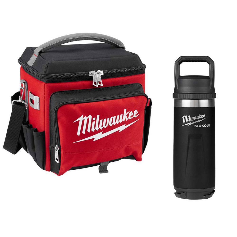 Milwaukee 22 Qt. Soft Sided Jobsite Lunch Cooler with PACKOUT Black 18 oz. Insulated Bottle with Chug Lid 48-22-8250-48-22-8382B
