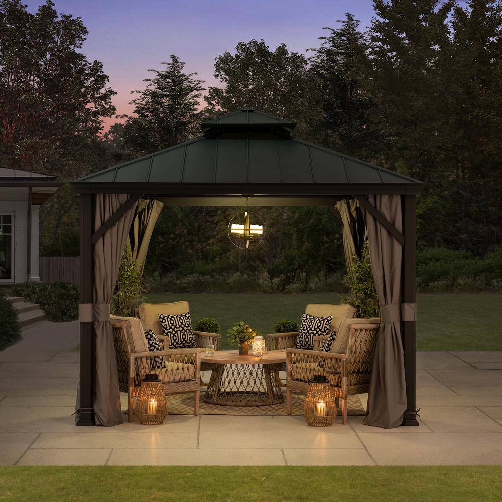 Sunjoy 10 ft. x 10 ft. Aluminum Frame and Black Power-Coated 2-Tier Steel Hardtop Gazebo for Backyard with Netting and Curtain A102012121