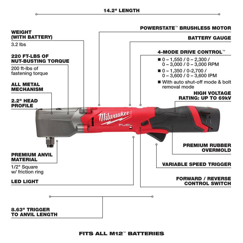 Milwaukee M12 FUEL 12V Lithium-Ion Brushless Cordless 1/2 in. Right Angle Impact Wrench Kit w Two 2.0 Ah Batteries & ROVER Light 2565-22-2367-20