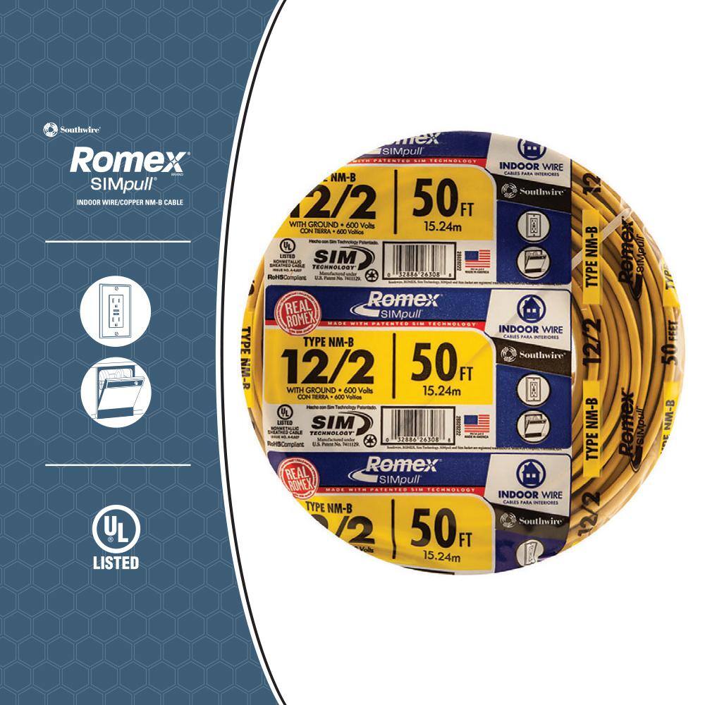 Southwire 50 ft. 12/2 Solid Romex SIMpull CU NM-B W/G Wire 28828222