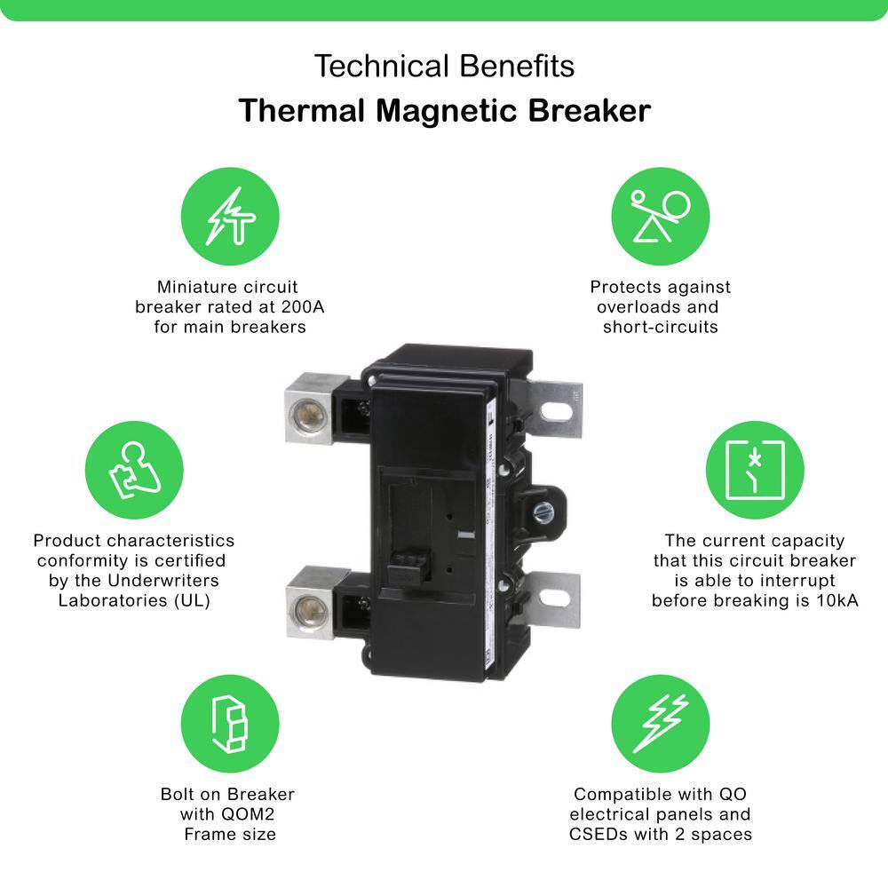 Square D QO 200 Amp 22k AIR QOM2 Frame Size Main Circuit Breaker for QO and Homeline Load Centers QOM2200VH