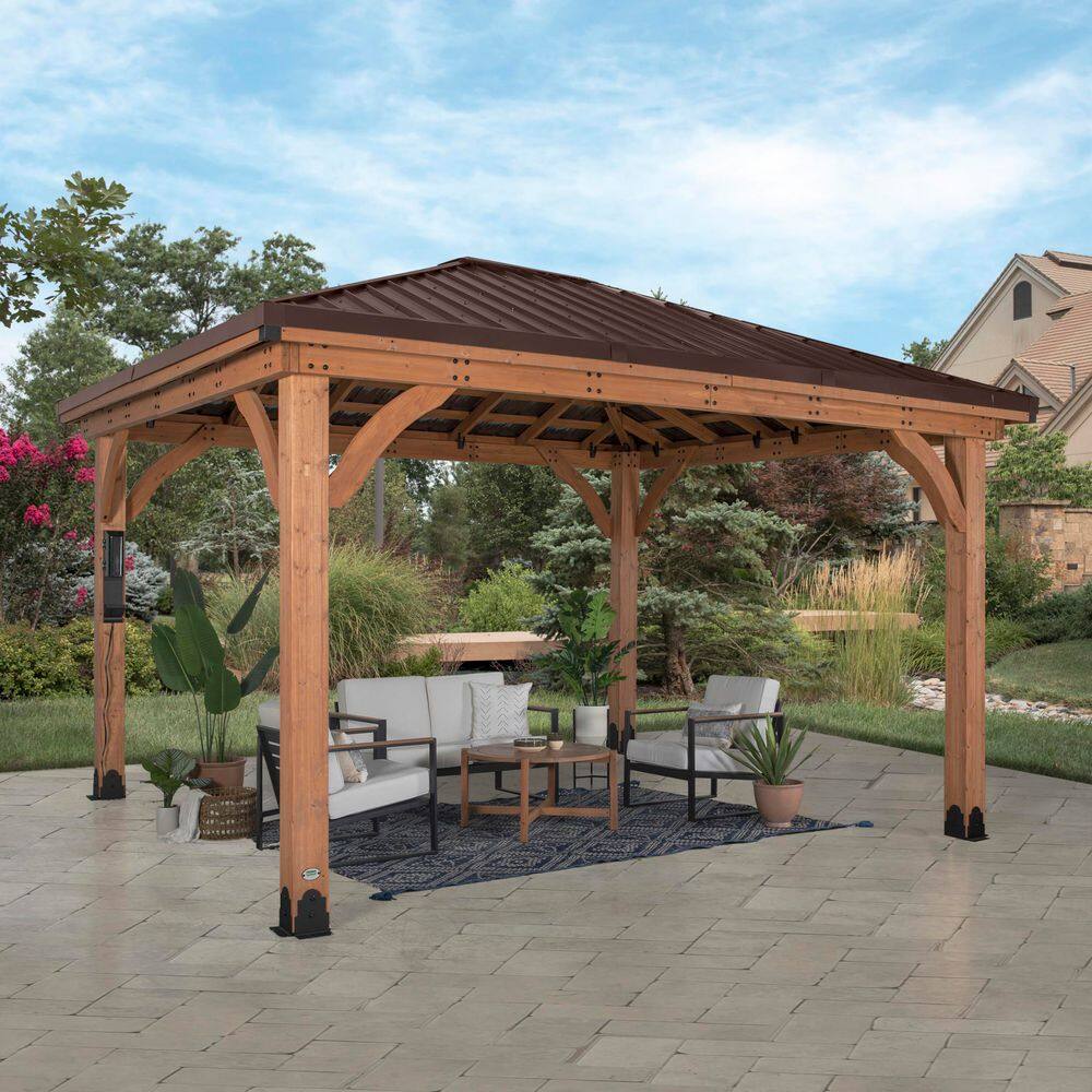 Backyard Discovery Barrington 14 ft. x 10 ft. All Cedar Wood Outdoor Gazebo Structure w/ Hard Top Steel Metal Hip Roof and Electric, Brown 2306042COM