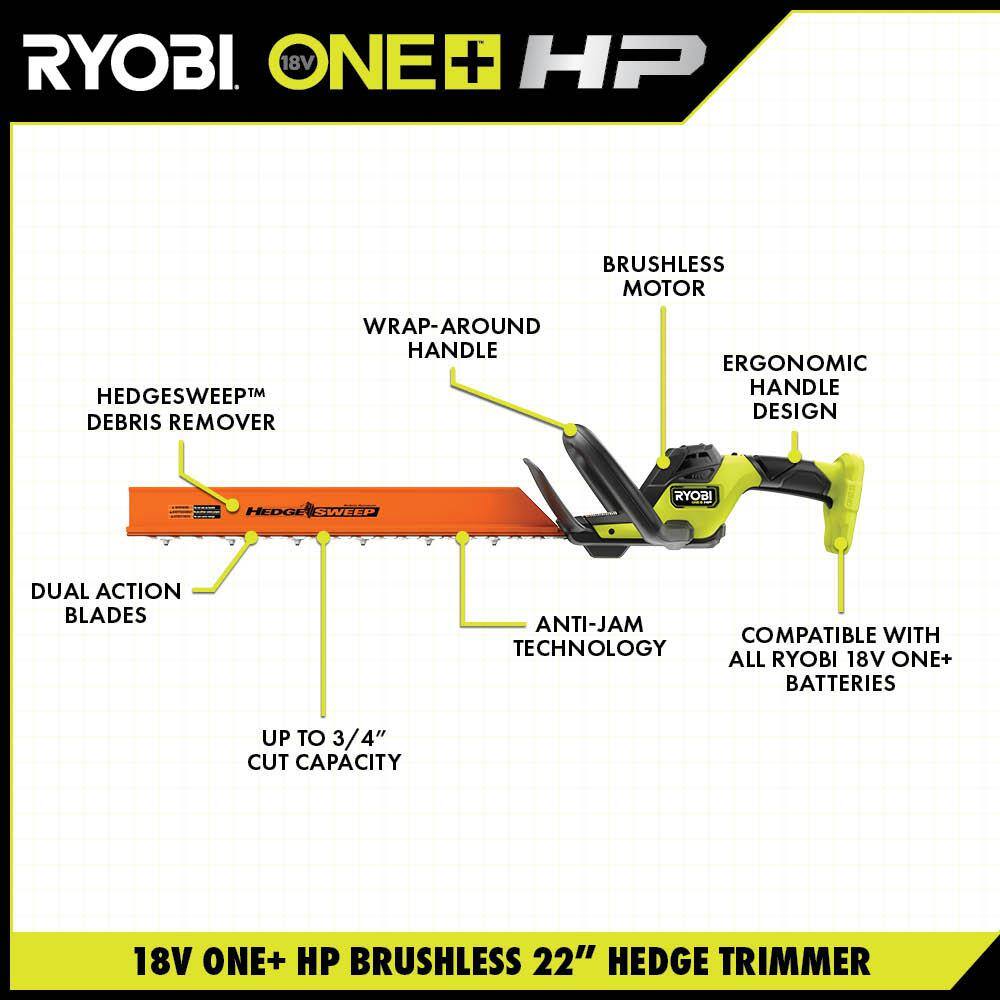 RYOBI ONE+ HP 18V Brushless Cordless Pruner & ONE+ HP 18V Brushless 22 in. Battery Hedge Trimmer with 2.0 Ah Battery & Charger P2550-P2608BTL