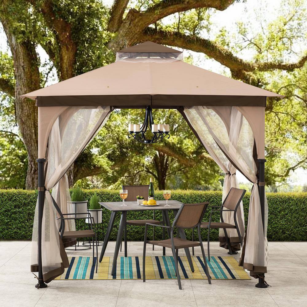 Sunjoy 9.5 ft. x 9.5 ft. 2-Tier Soft Top Gazebo Steel Outdoor Garden Gazebo with Ceiling Hook and Netting, Tan and Brown A101011100