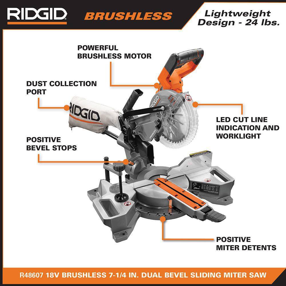 RIDGID 18V (2) 4.0 Ah Batteries and Charger Kit with 18V Brushless Cordless 7-1/4 in. Dual Bevel Sliding Miter Saw AC93044SBN-R48607B