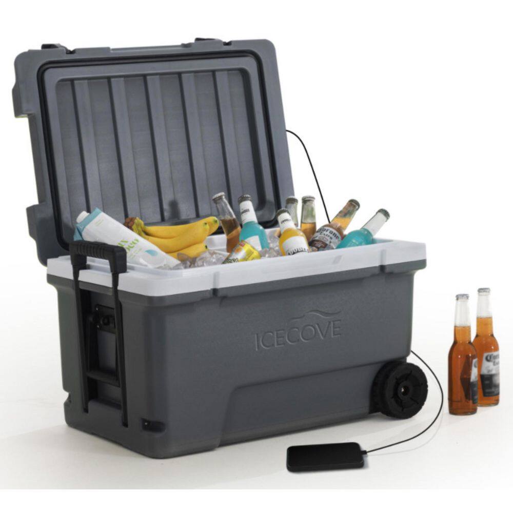 Sunjoy 60-Quart Solar Cooler Portable Insulated Ice Chest with Wheels and Handle for Party, Camping, Outdoor Activities, Grey A601008301