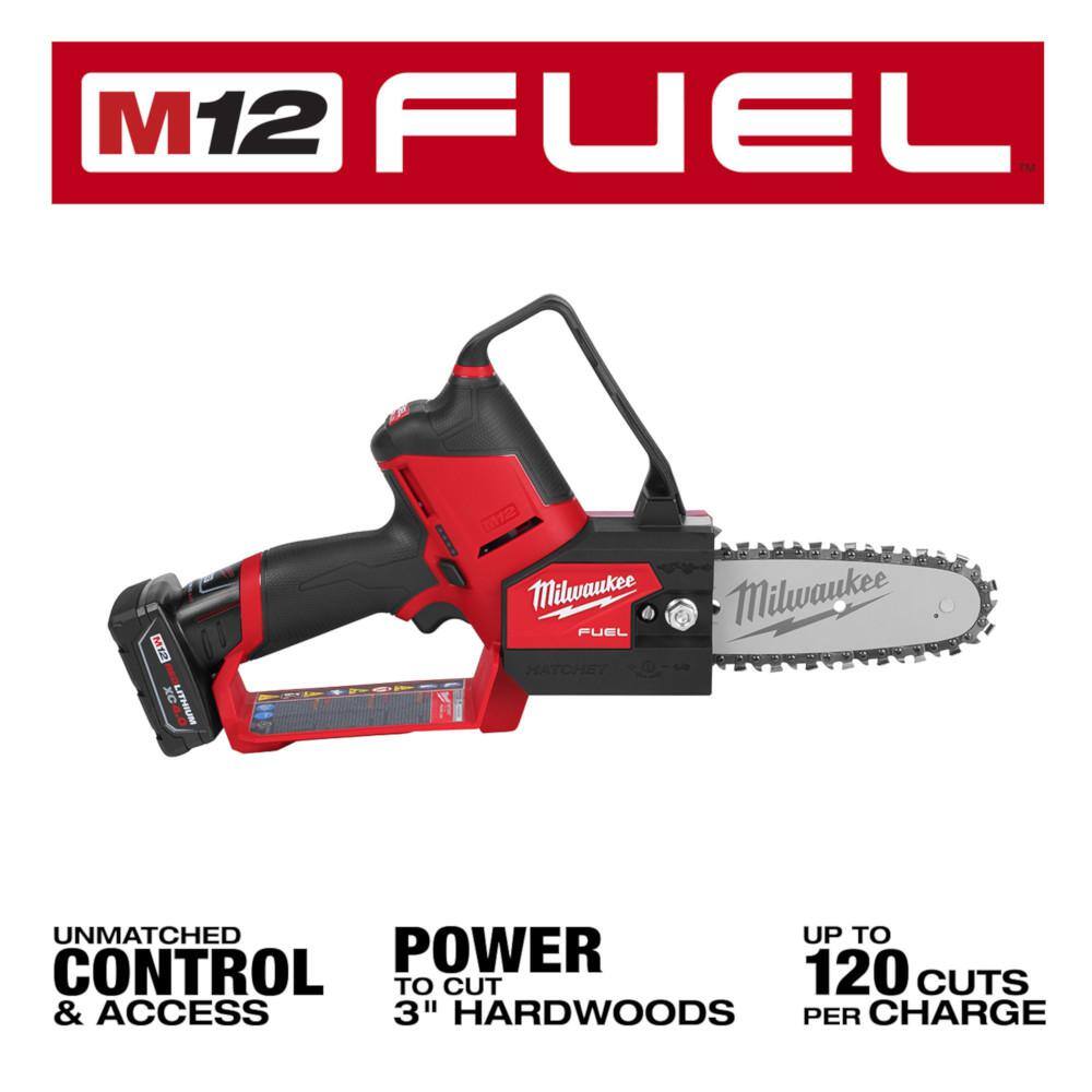 Milwaukee M12 FUEL 6 in. 12V Lithium-Ion Brushless Battery HATCHET Pruning Saw Kit w/4.0 Ah Battery, Charger & Extra Chain 2527-21-49-16-2732