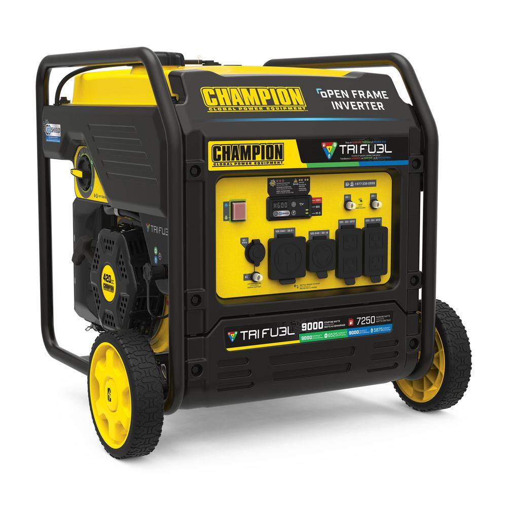 Champion Power Equipment 9000-Watt Electric Start Gasoline Propane and Natural Gas Tri Fuel Open Frame Inverter Generator, CO Shield, NG/LPG Hose 201176