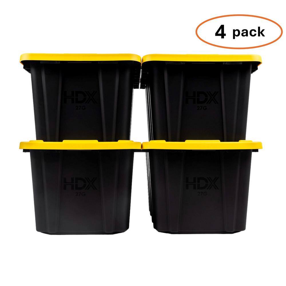 HDX 27 Gal. Tough Storage Tote in Black with Yellow Lid (4-Pack) 999-HDX-27G-4