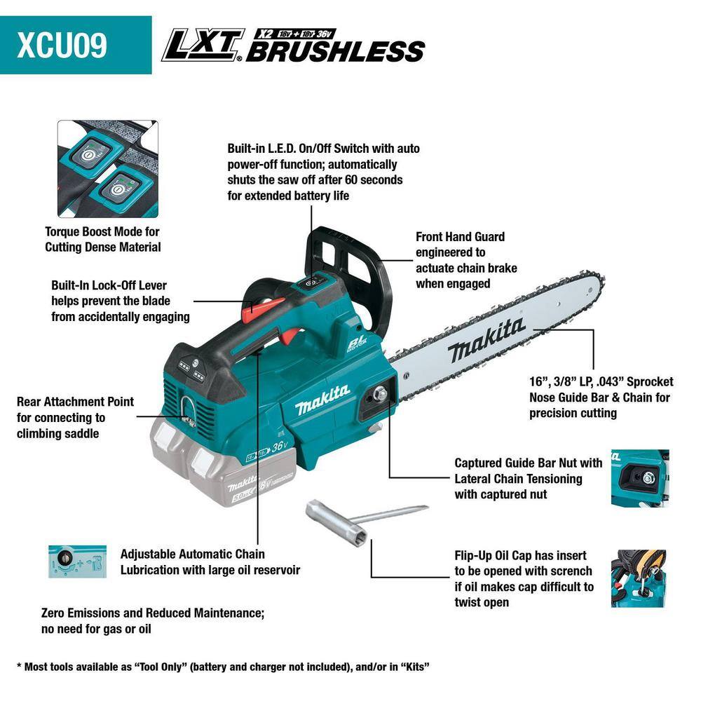 Makita LXT 16 in. 18V X2 (36V) Lithium-Ion Brushless Top Handle Chain Saw Kit 5.0Ah with 18V LXT Battery Pack 5.0Ah(2-Pk) XCU09PTBL1850B2