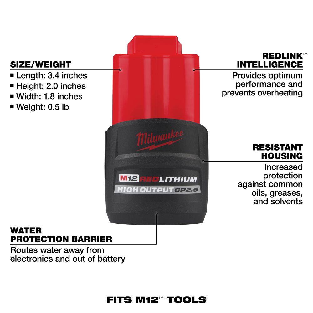 Milwaukee M12 12V Lithium-Ion CP High Output 2.5 Ah Battery Pack 48-11-2425