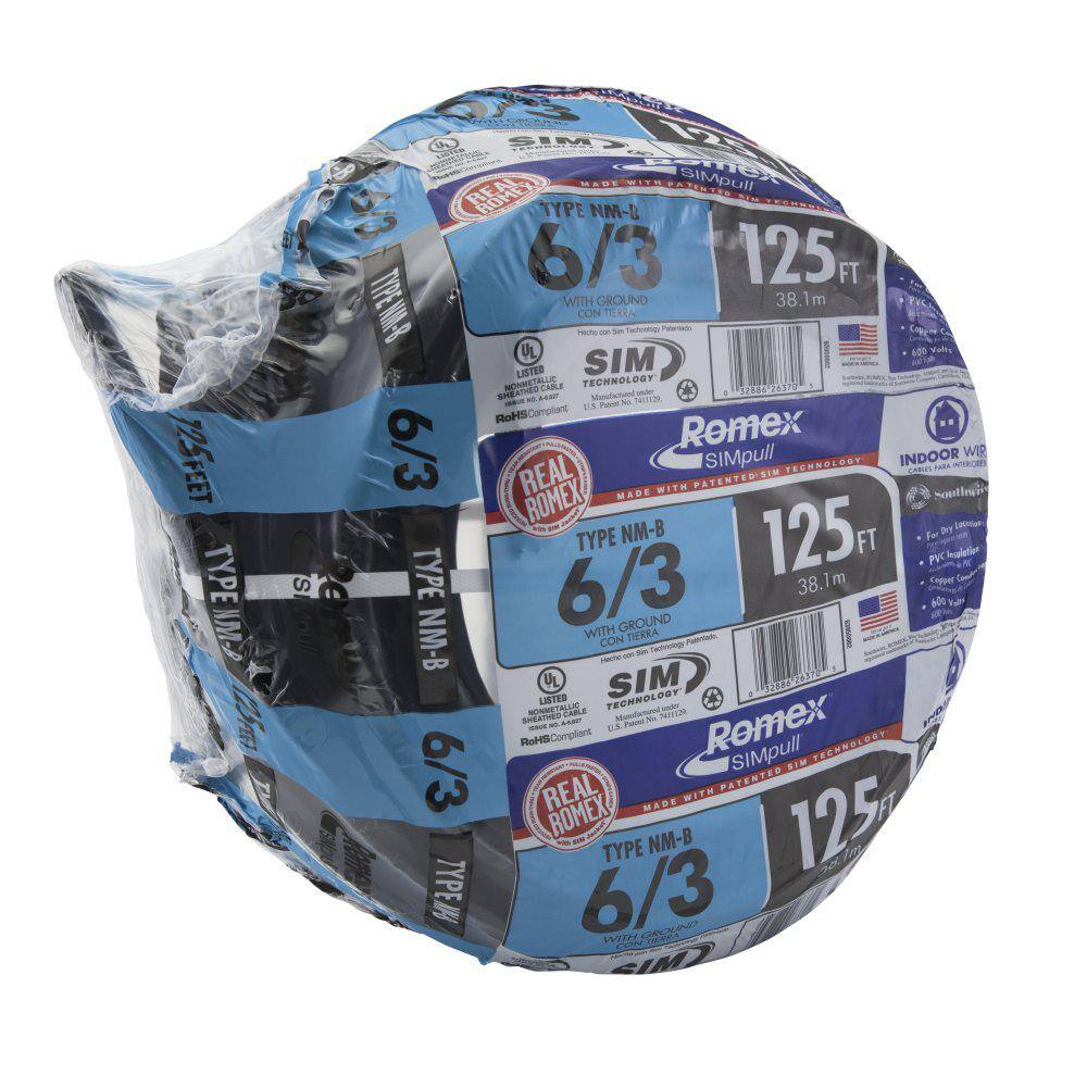 Southwire 125 ft. 6/3 Black Stranded Romex SIMpull CU NM-B W/G Wire 63950002