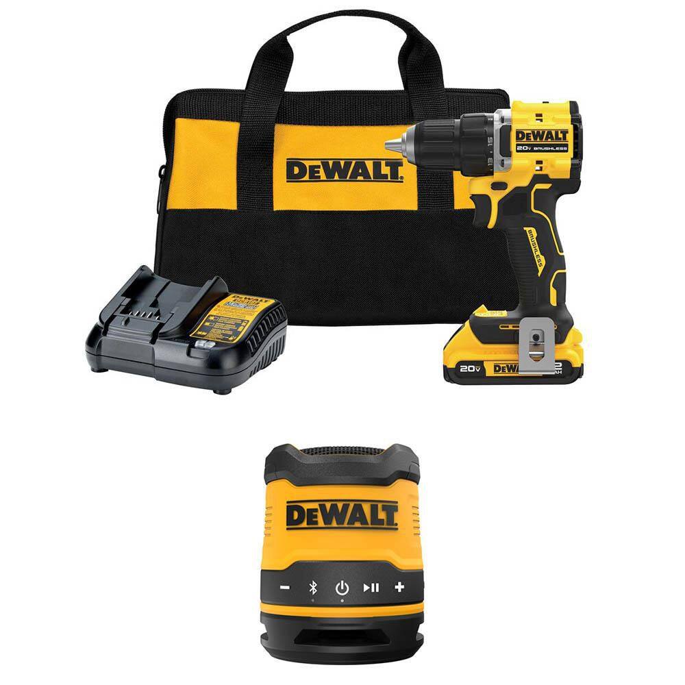 DEWALT ATOMIC 20V Lithium-Ion Cordless Compact 1/2 in. Drill/Driver Kit and Bluetooth Speaker with 2Ah Battery, Charger and Bag DCD794D1WDCR008