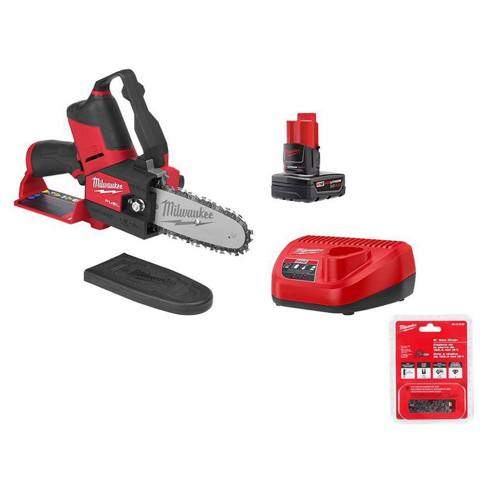Milwaukee M12 FUEL 6 in. 12V Lithium-Ion Brushless Battery HATCHET Pruning Saw Kit w/4.0 Ah Battery, Charger & Extra Chain 2527-21-49-16-2732