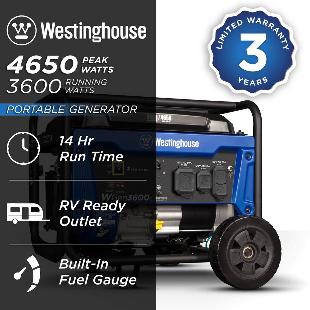 Westinghouse 4,650/3,600-Watt Gas Powered Portable Generator with Recoil Start WGen3600c