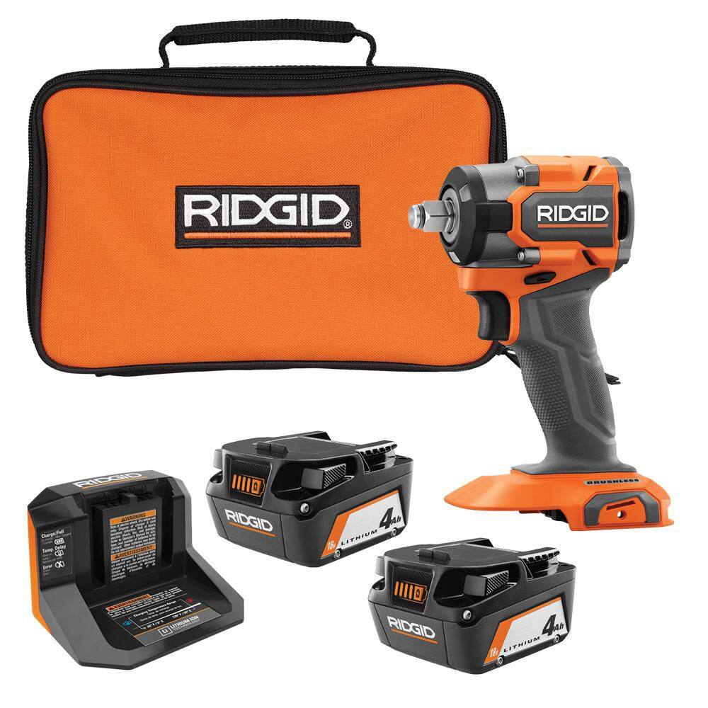 RIDGID 18V SubCompact Brushless Cordless 1/2 in. Impact Wrench with (2) 4.0 Ah Batteries, Charger, and Bag R872081B-AC93044SBN