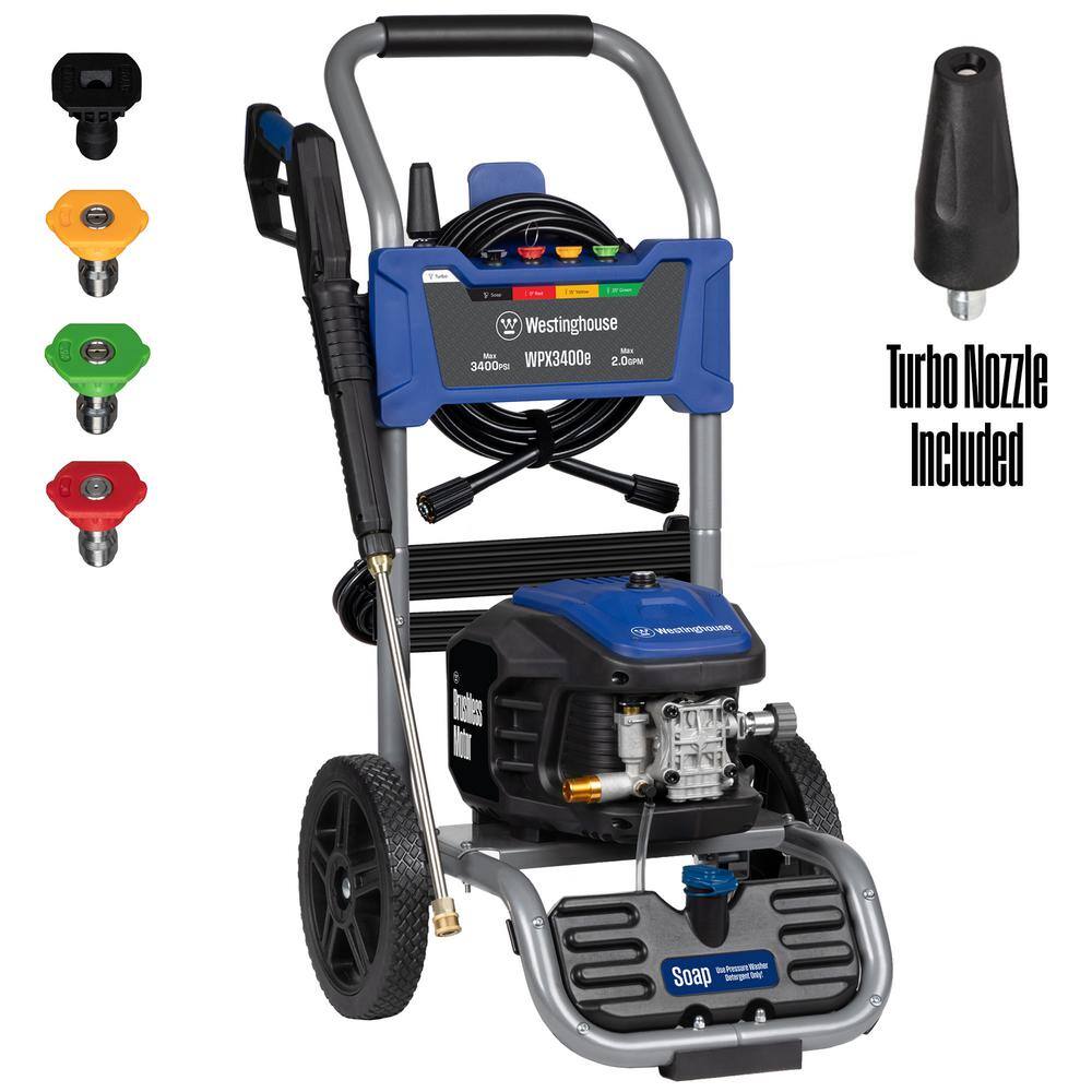 Westinghouse 3400 PSI 2 GPM 13 Amp Electric Powered Pressure Washer with Brushless Motor, Turbo Nozzle and 5 Quick Connect Tips WPX3400e