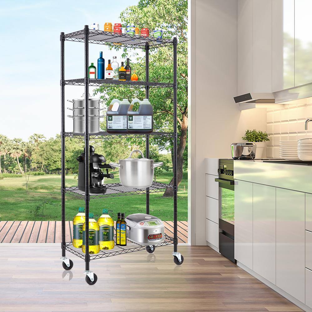 EFINE Black 5-Tier Rolling Heavy Duty Metal Wire Storage Shelving Unit Casters 1 in. Pole (30 in. W x 63.7 in. H x 14 in. D) RL33655