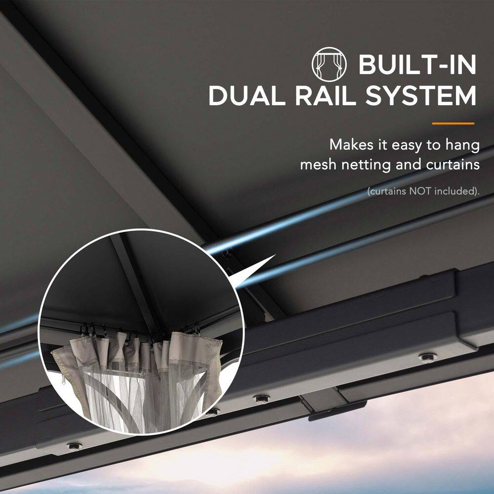 Sunjoy 10 ft. x 12 ft. Black Steel Hardtop Gazebo with 2-Tier Hip Roof and Ceiling Hook and Removable Netting Sidewalls A102009121