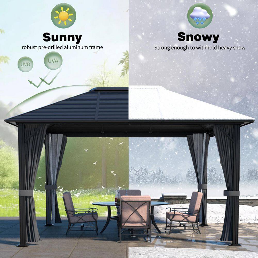 VEIKOUS 12 ft. W x 10 ft. L x 8.7 ft. H Aluminum Hardtop Gazebo with Grey Curtains and Netting PG0201-20-1