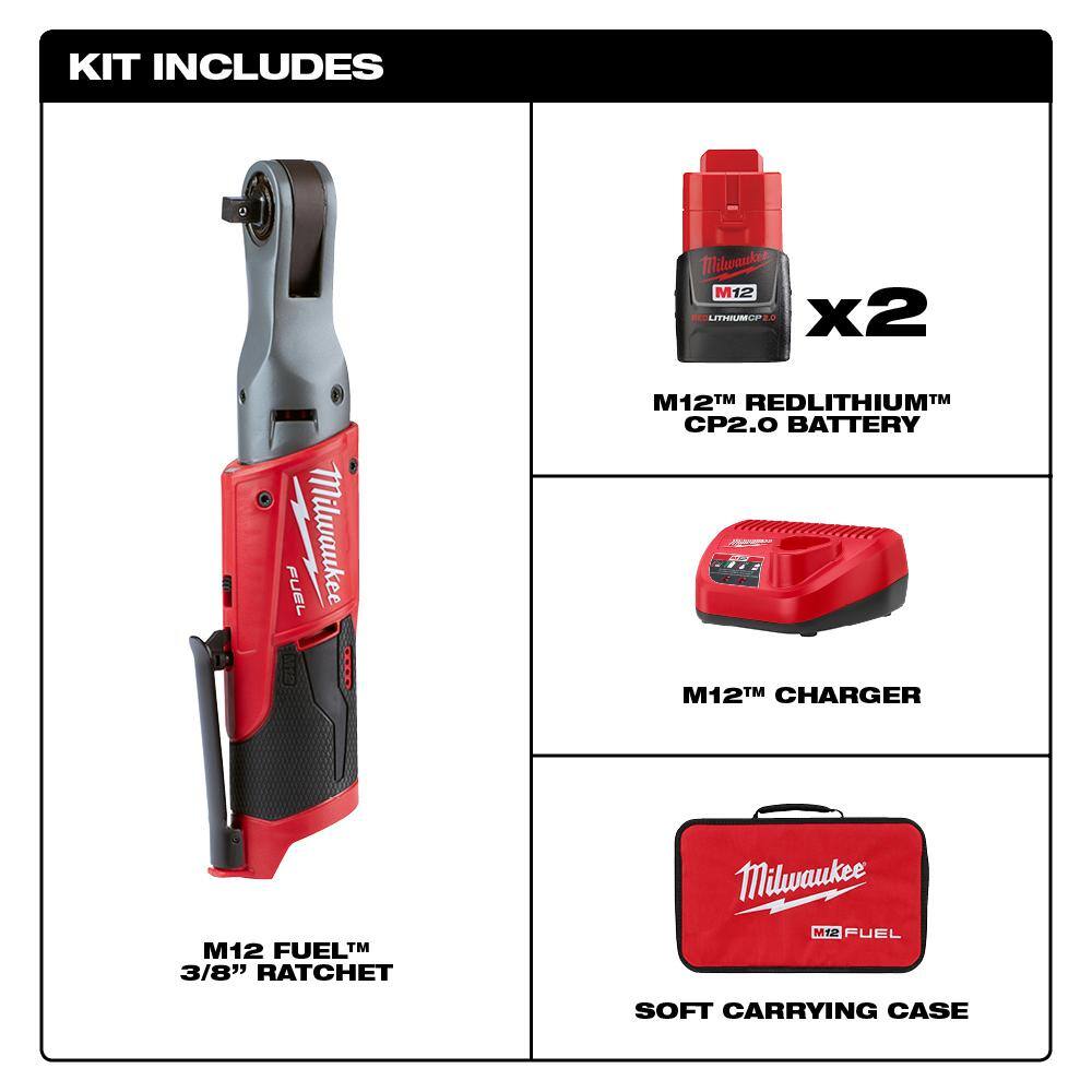 Milwaukee M12 FUEL 12V Li-Ion Brushless 3/8 in. Cordless Ratchet Kit with (2) 2.0Ah Batteries, Charger & Tool Bag & 5.0 Ah Battery 2557-22-48-11-2450