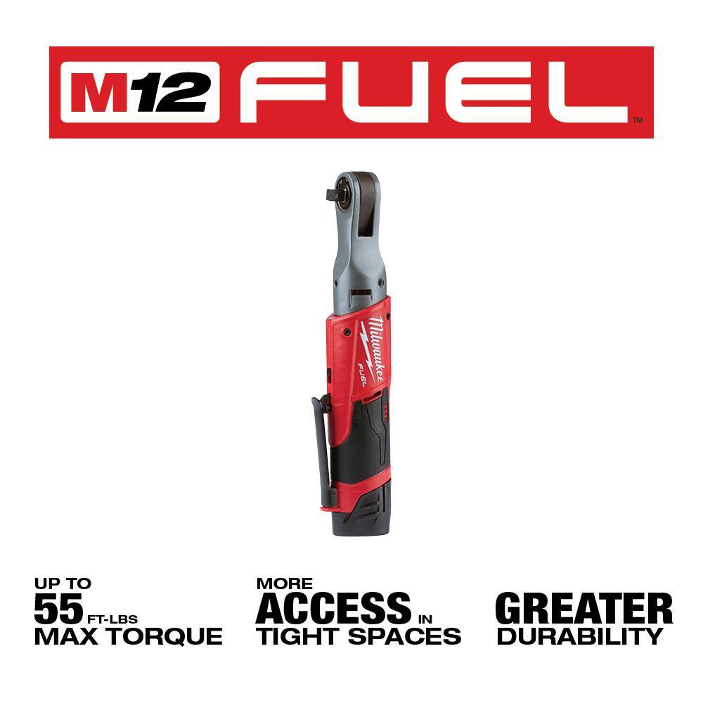 Milwaukee M12 FUEL 12V Li-Ion Brushless 3/8 in. Cordless Ratchet Kit with (2) 2.0Ah Batteries, Charger & Tool Bag & 5.0 Ah Battery 2557-22-48-11-2450