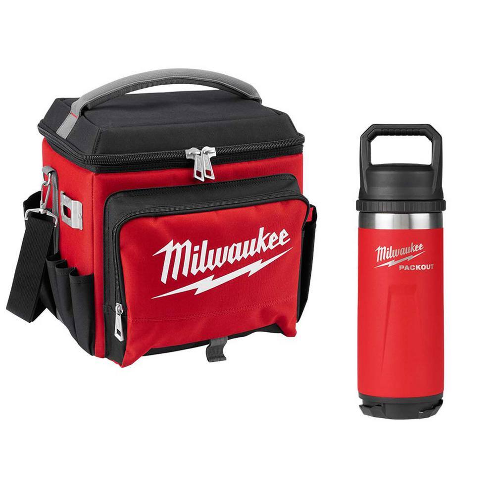 Milwaukee 21 Qt. Soft Sided Jobsite Lunch Cooler with PACKOUT Red 18 oz. Insulated Bottle with Chug Lid 48-22-8250-48-22-8382R