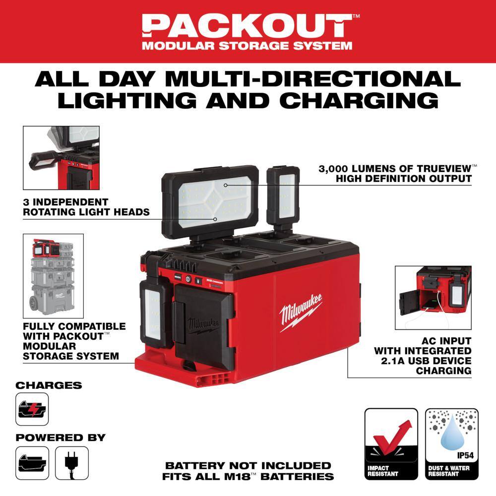 Milwaukee M18 18-Volt Lithium-Ion Cordless PACKOUT 3000 Lumens LED Light with Built-In Charger with (1) 5.0 Ah Battery 2357-20-48-11-1850