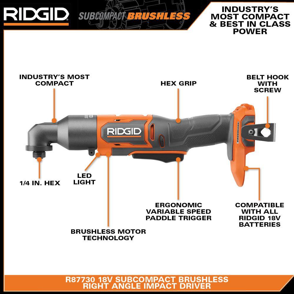 RIDGID 18V (2) 4.0 Ah Batteries and Charger Kit with 18V Subcompact Brushless Cordless Right Angle Impact Driver AC93044SBN-R87730B