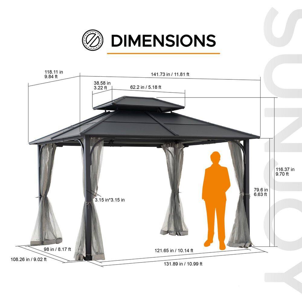 Sunjoy 10 ft. x 12 ft. Black Steel Hardtop Gazebo with 2-Tier Hip Roof and Ceiling Hook and Removable Netting Sidewalls A102009121