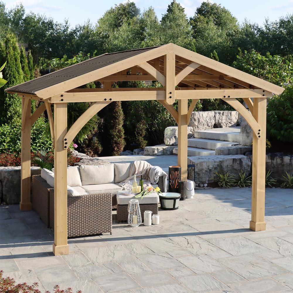 Yardistry Carolina 11 ft. x 13 ft. Premium Outdoor Cedar Backyard Patio Shade Pavilion with Brown Aluminum Gazebo Style Roof YM11726