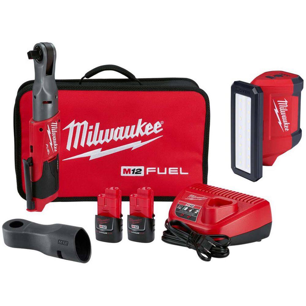 Milwaukee M12 FUEL 12V Li-Ion Brushless 1/2 in. Cordless Ratchet Kit w (2) 2. 0Ah Batteries, Charger, Bag & M12 ROVER Flood Light 2558-22-2367-20