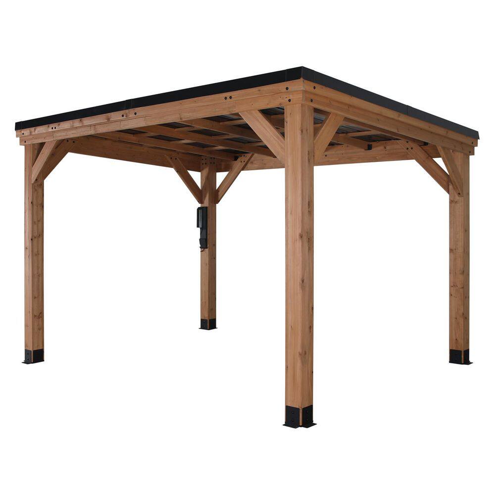 Backyard Discovery Arcadia 12 ft. x 9 ft. 6 in. All Cedar Wood Gazebo with Hard Top Steel Metal Roof and Electric, Brown 2306073COM